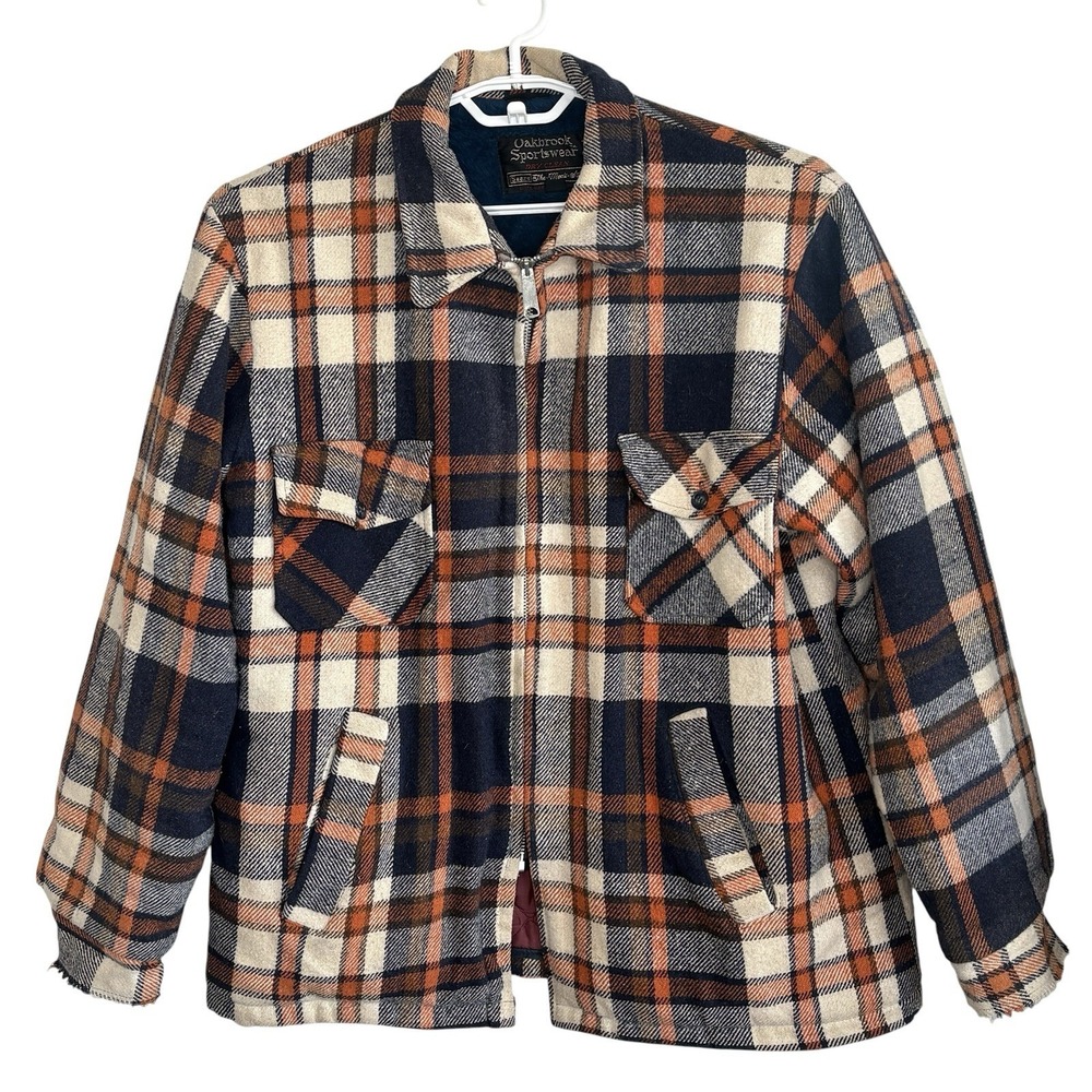 VTG Sears Oakbrook Sportswear Plaid Zip Jacket 44 Large Sherpa Workwear USA READ